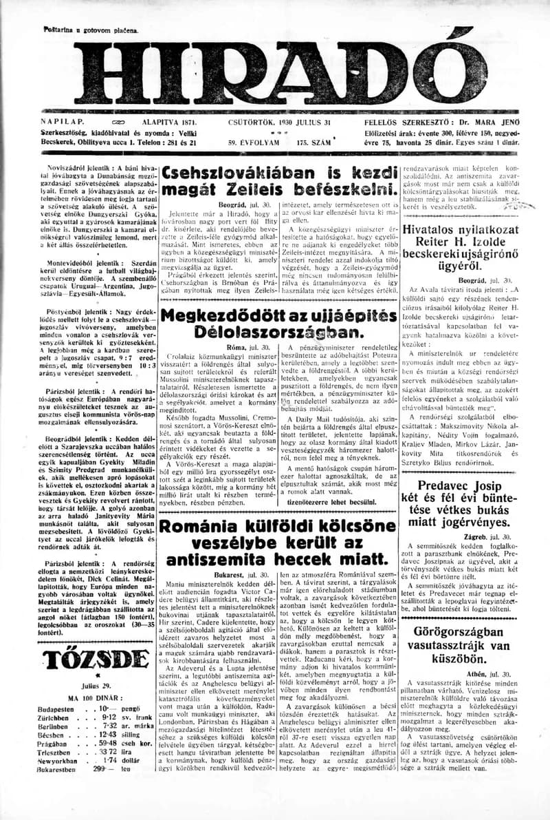 Híradó, 59. évf. 1930. július 31. 175. sz.