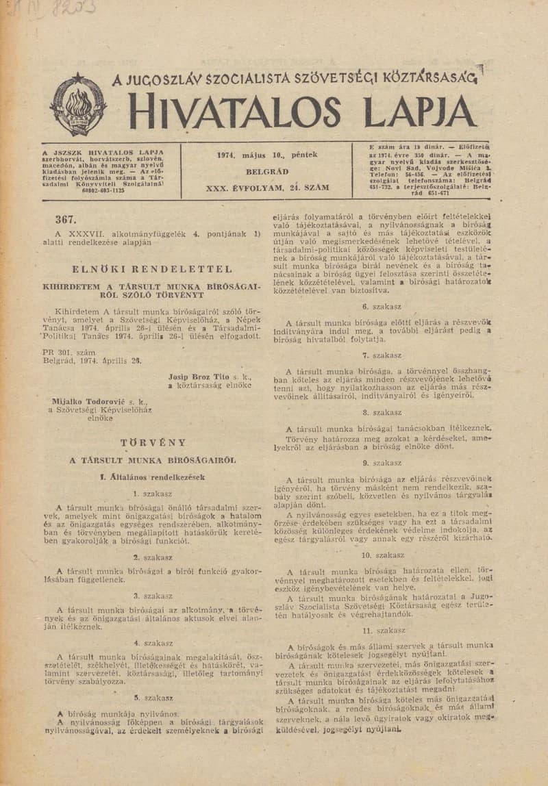 A Jugoszláv Szocialista Szövetségi Köztársaság Hivatalos Lapja, 30. évf. 1974. május 10. 24. sz. 749–816. oldal