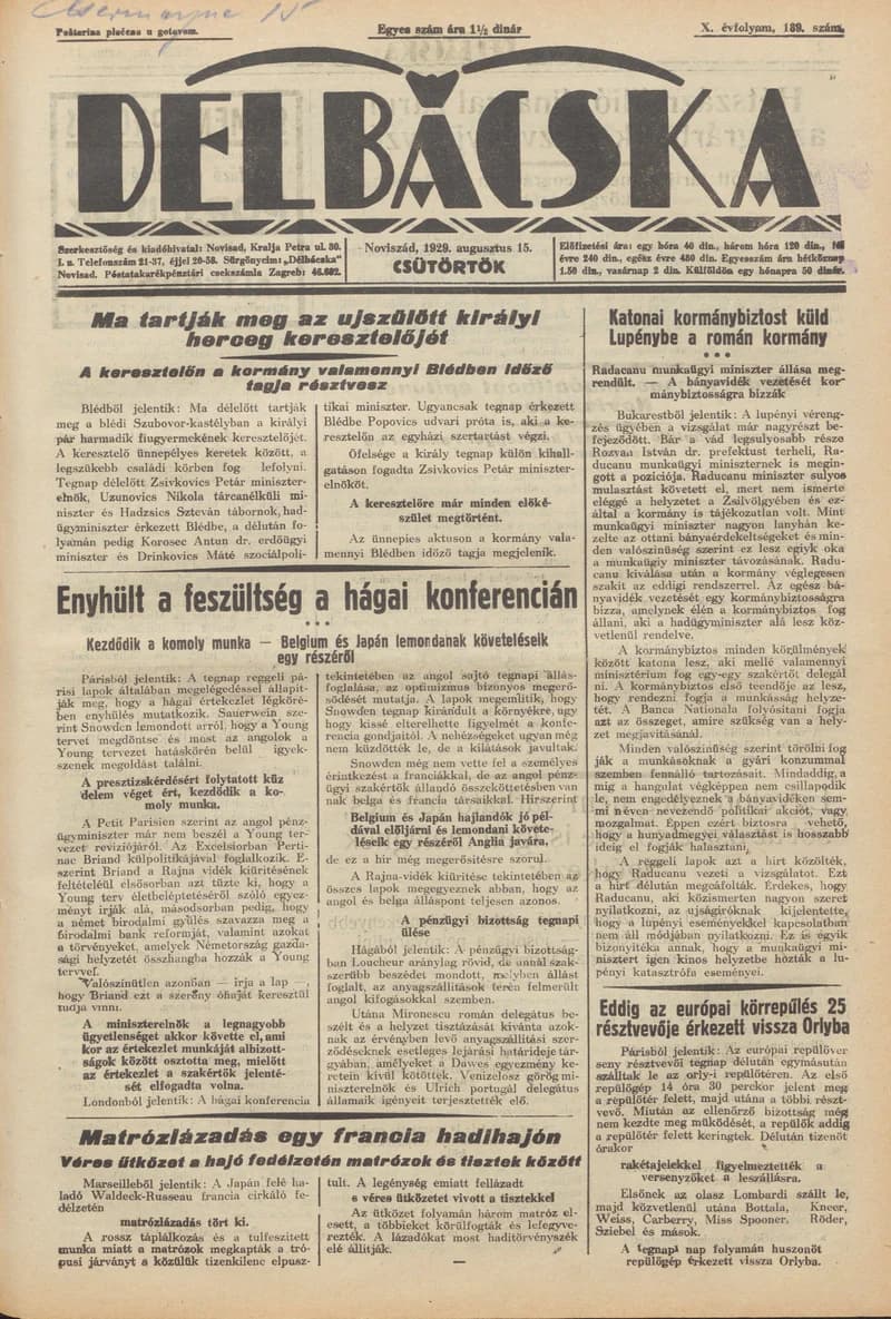 Délbácska, 10. évf. 1929. augusztus 15. 189. sz.