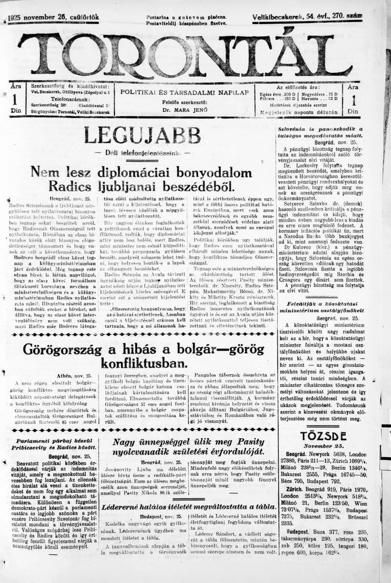 Torontál, 54. évf. 1925. november 26. 270. sz.