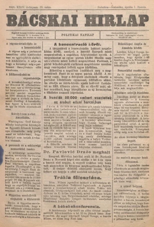Bácskai Hirlap, 24. évf. 1920. április 7. 33. sz.