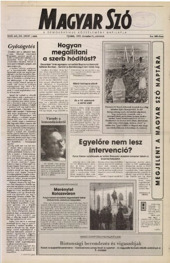Magyar Szó, 49. évf. 1992. december 3. 331. sz. 1–16. oldal