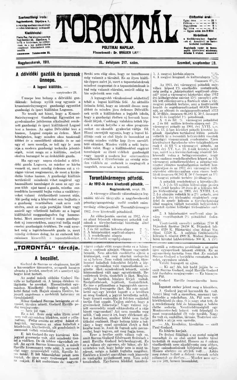 Torontál, 40. évf. 1911. szeptember 23. 217. sz.