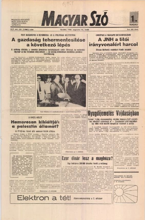 Magyar Szó, 45. évf. 1988. augusztus 16. 225. sz. 1–16. oldal