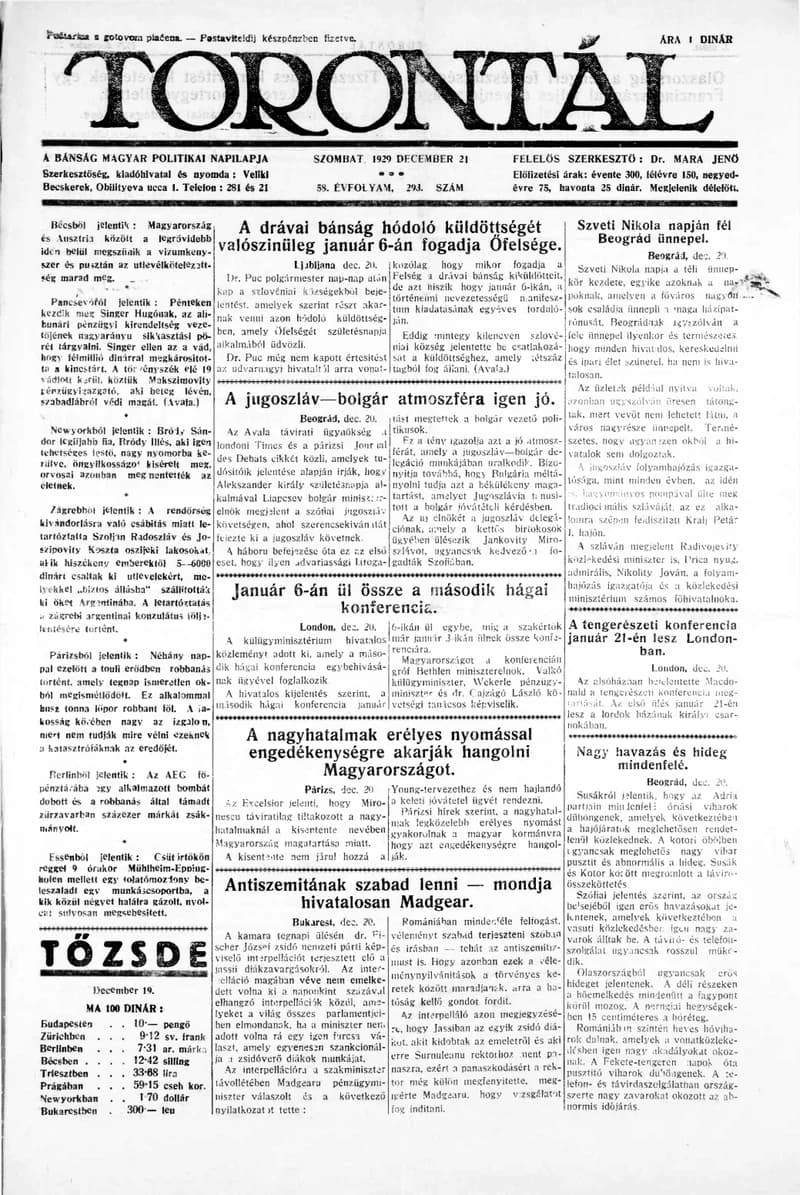Torontál, 58. évf. 1929. december 21. 293. sz.