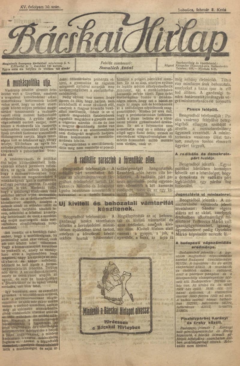 Bácskai Hirlap, 25. évf. 1921. február 8. 30. sz.