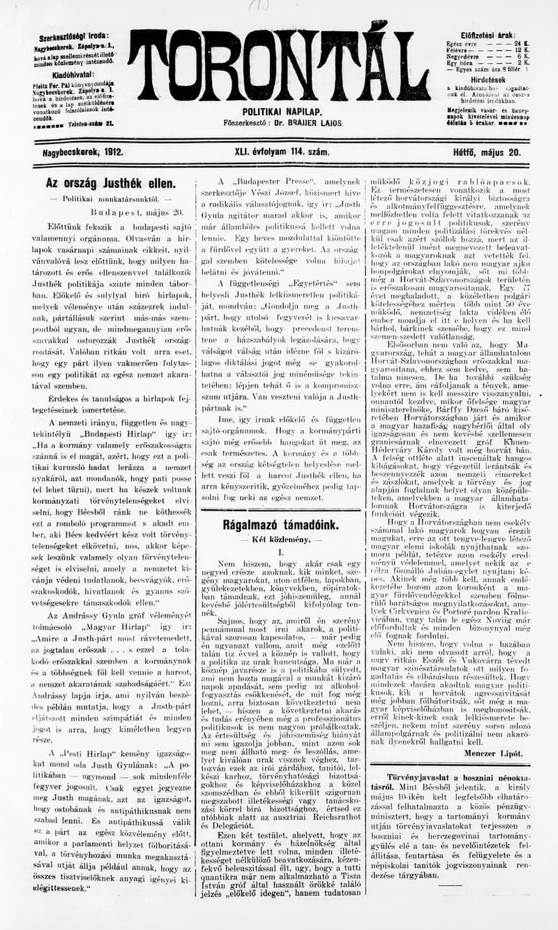 Torontál, 41. évf. 1912. május 20. 114. sz.