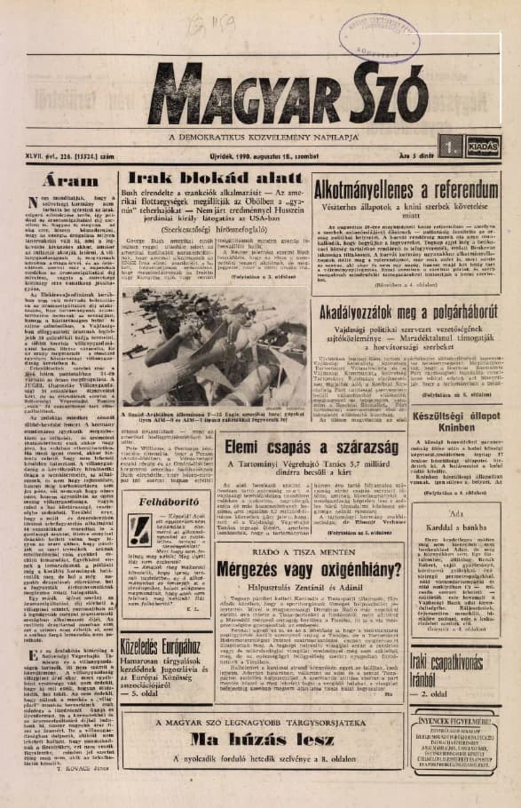 Magyar Szó, 47. évf. 1990. augusztus 18. 226. sz. 1–20. oldal