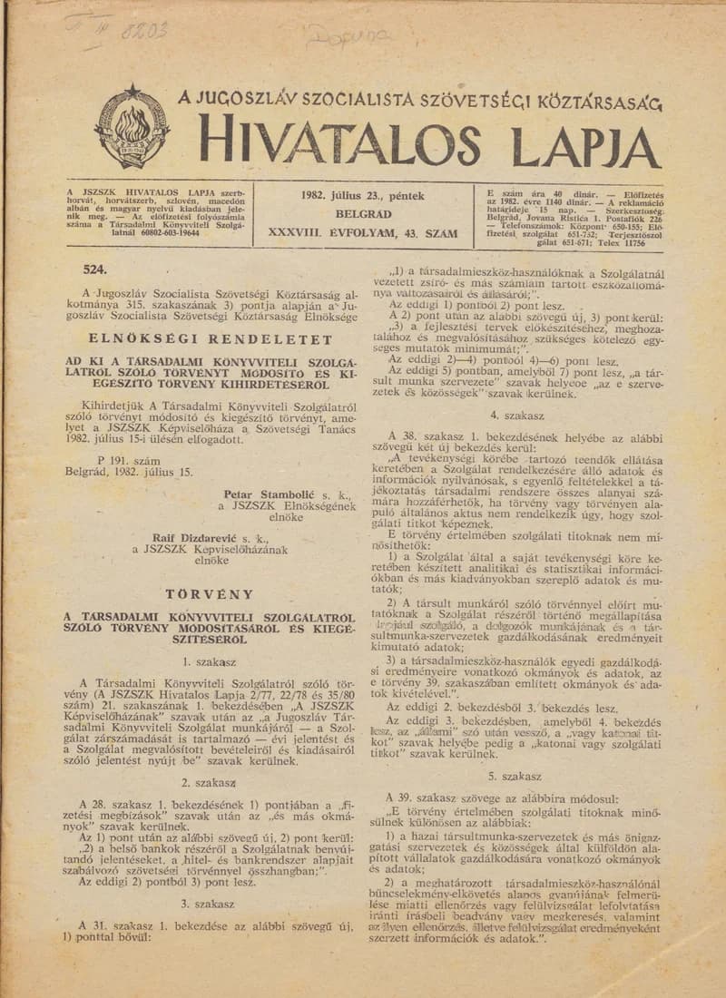 A Jugoszláv Szocialista Szövetségi Köztársaság Hivatalos Lapja, 38. évf. 1982. július 23. 43. sz. 1065–1112. oldal