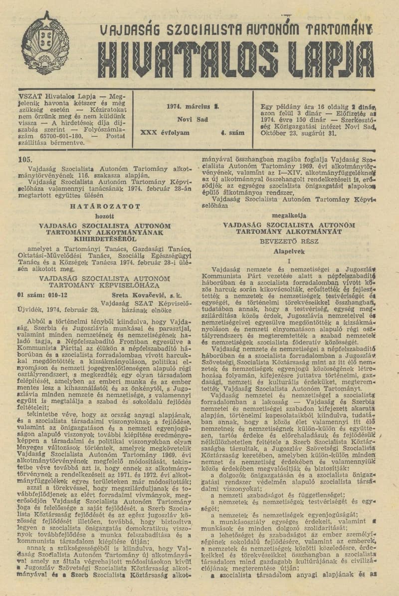 Vajdaság Szocialista Autonóm Tartomány Hivatalos Lapja, 30. évf. 1974. március 2. 4. sz. 97–176. oldal