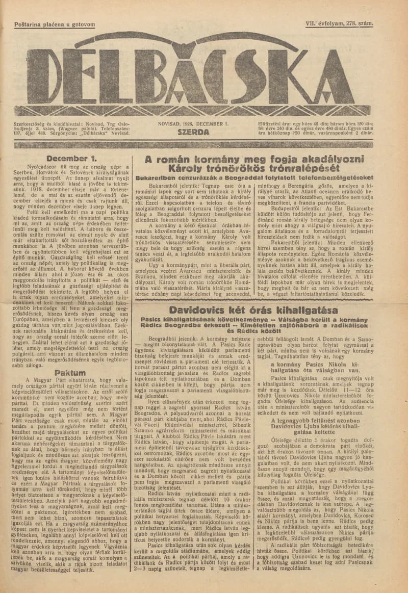 Délbácska, 7. évf. 1926. december 1. 278. sz.