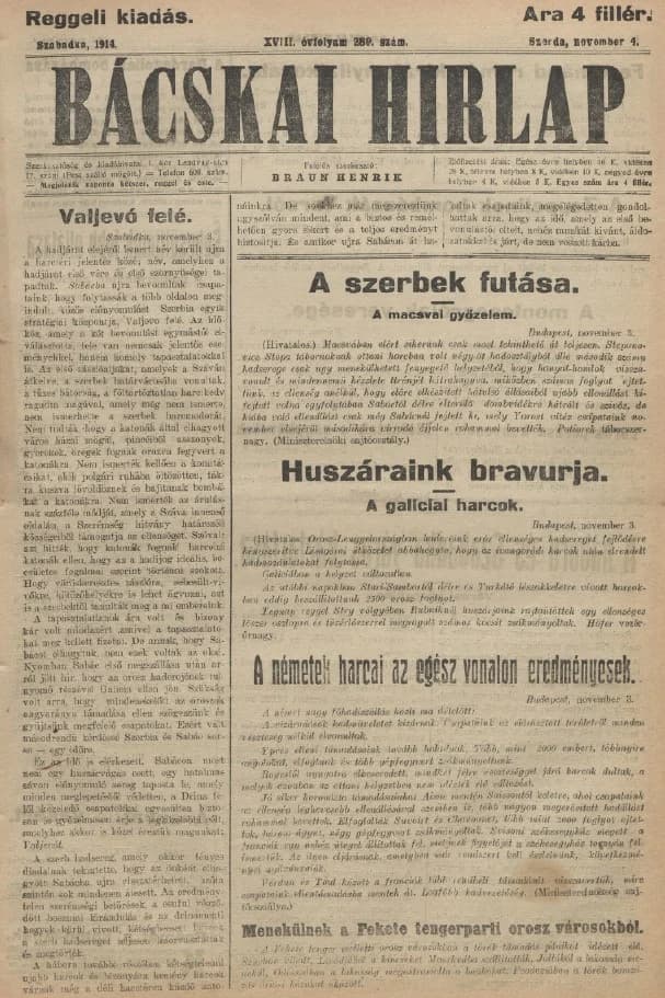 Bácskai Hirlap, 18. évf. 1914. november 4. 280. sz.