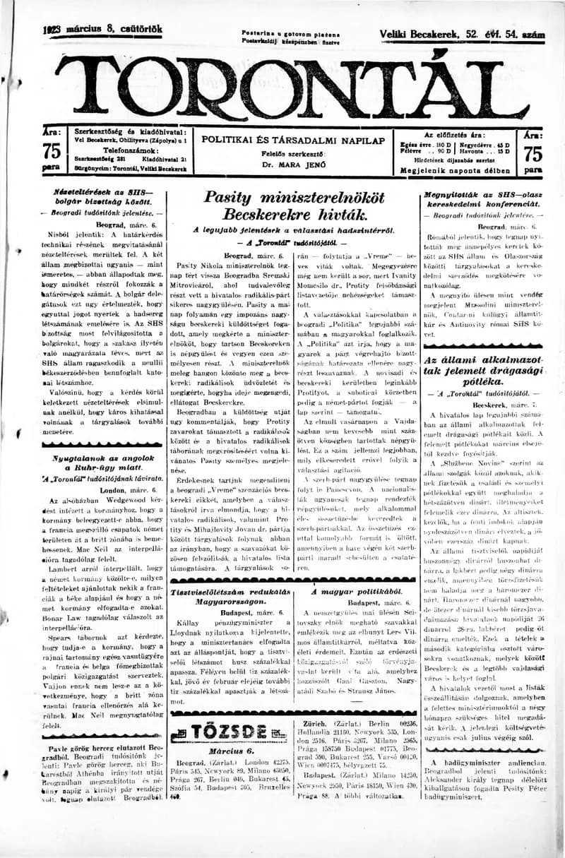 Torontál, 52. évf. 1923. március 8. 54. sz.