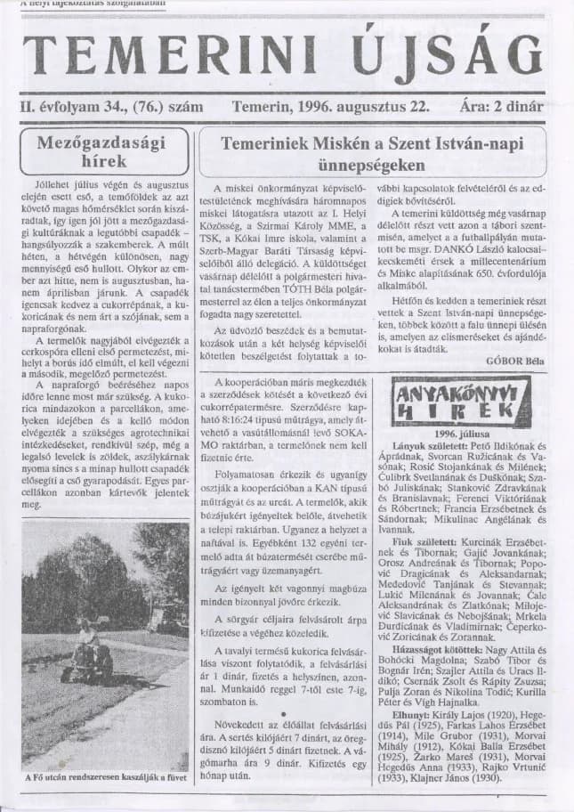 Temerini Újság, 2. évf. 1996. augusztus 22. 34. sz.