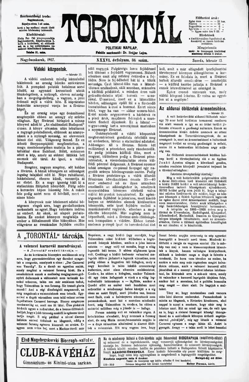 Torontál, 36. évf. 1907. február 13. 36. sz.