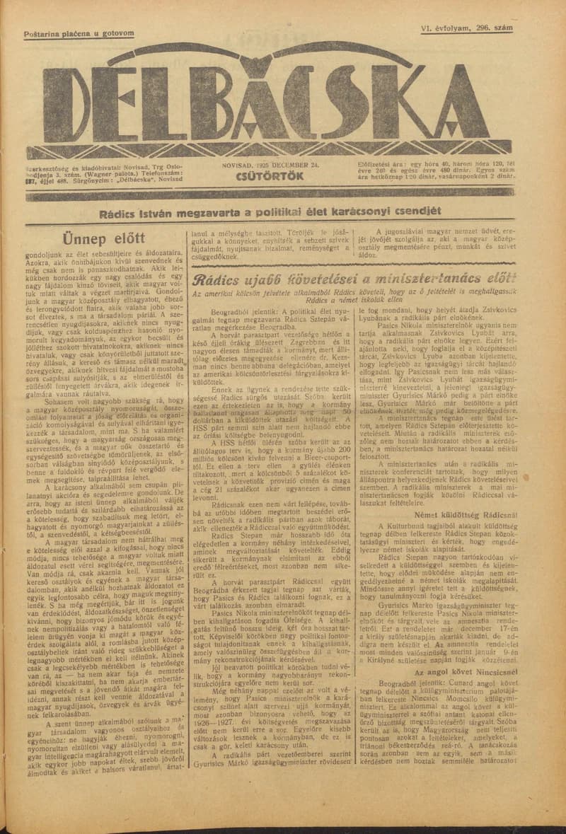 Délbácska, 6. évf. 1925. december 24. 296. sz.