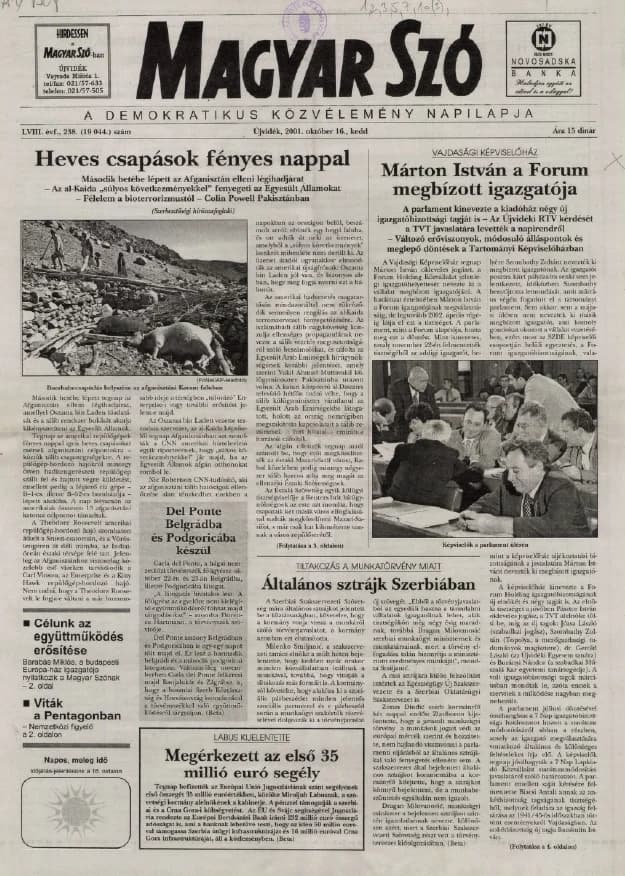 Magyar Szó, 58. évf. 2001. október 16. 238. sz. 1–16. oldal