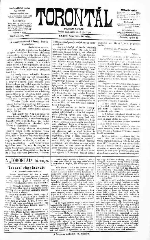 Torontál, 28. évf. 1899. április 15. 86. sz.