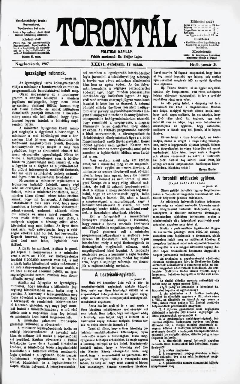 Torontál, 36. évf. 1907. január 21. 17. sz.
