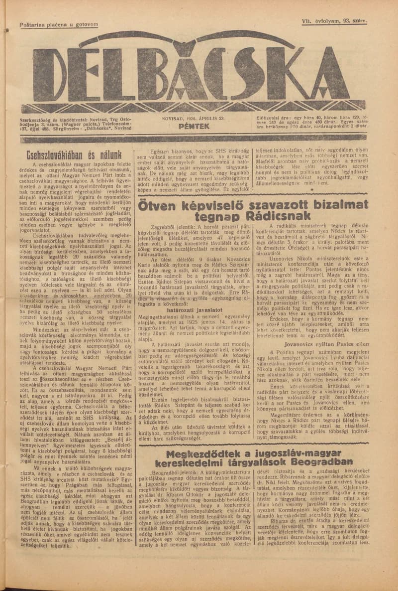 Délbácska, 7. évf. 1926. április 23. 93. sz.