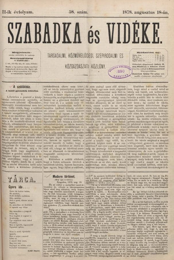 Szabadka és vidéke, 2. évf. 1878. augusztus 18. 58. sz.