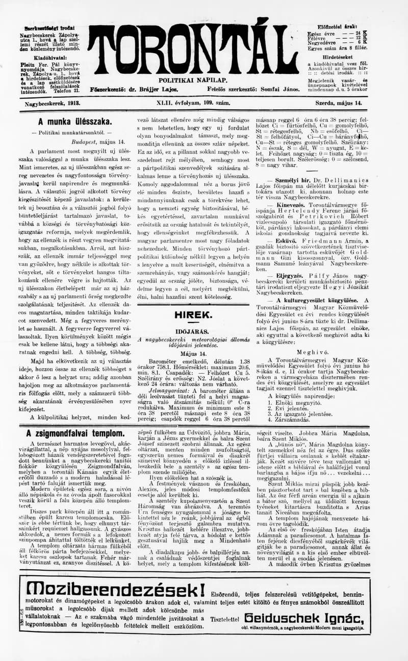 Torontál, 42. évf. 1913. május 14. 109. sz.