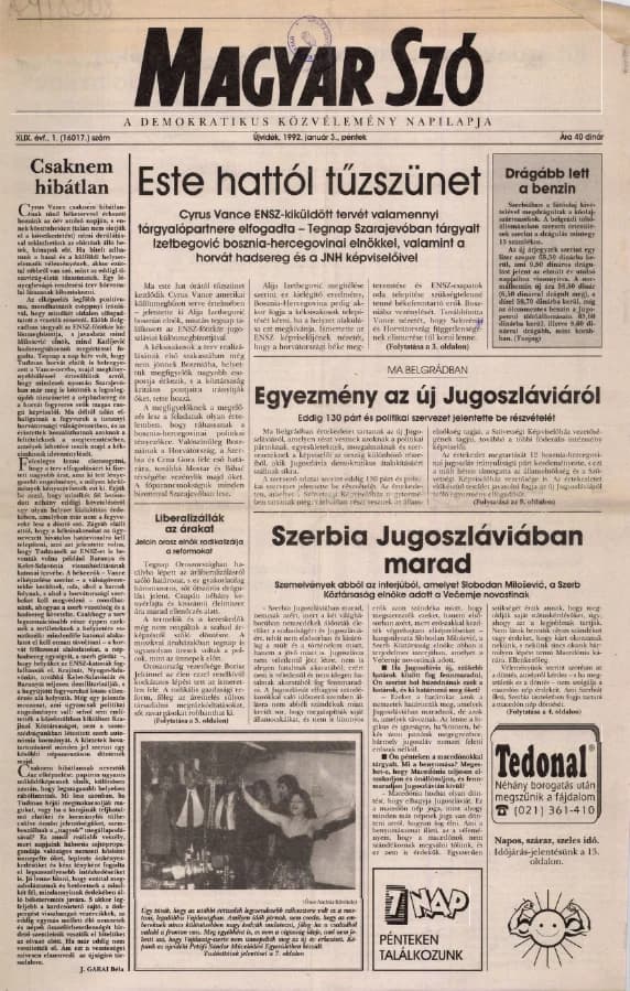 Magyar Szó, 49. évf. 1992. január 3. 1. sz. 1–16. oldal