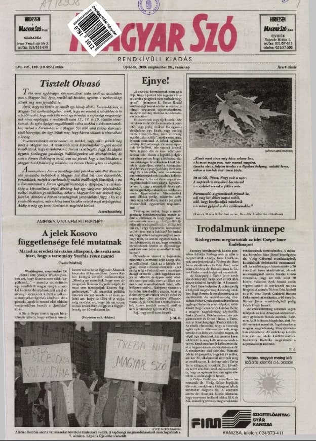 Magyar Szó, 56. évf. 1999. szeptember 26. 189. sz. 1–32. oldal
