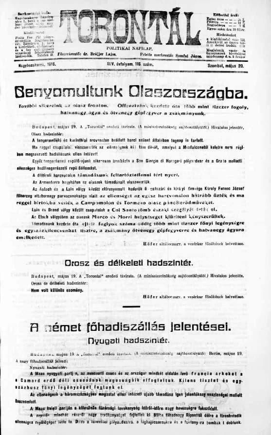 Torontál, 45. évf. 1916. május 20. 116. sz.