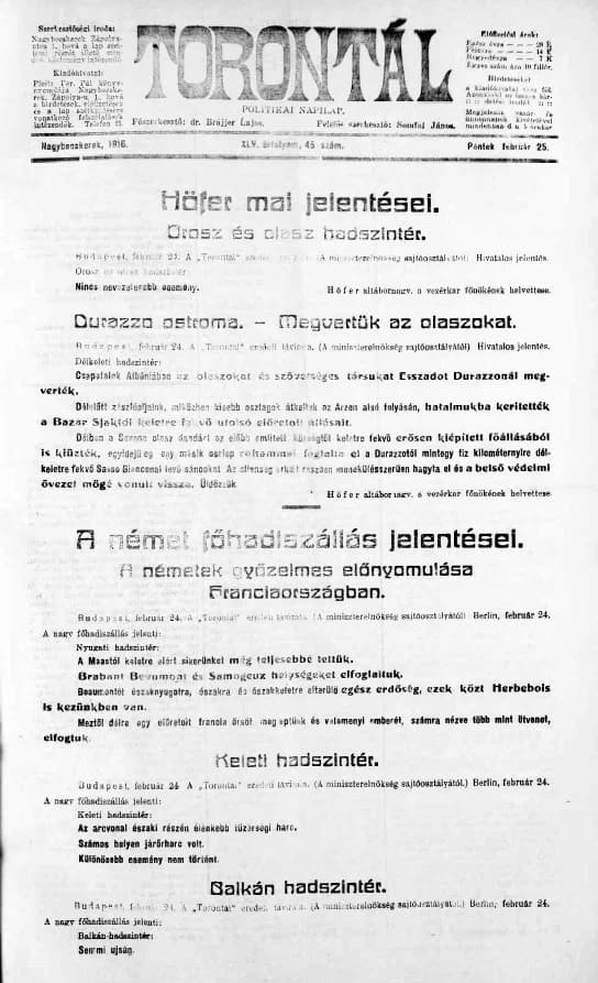 Torontál, 45. évf. 1916. február 25. 45. sz.