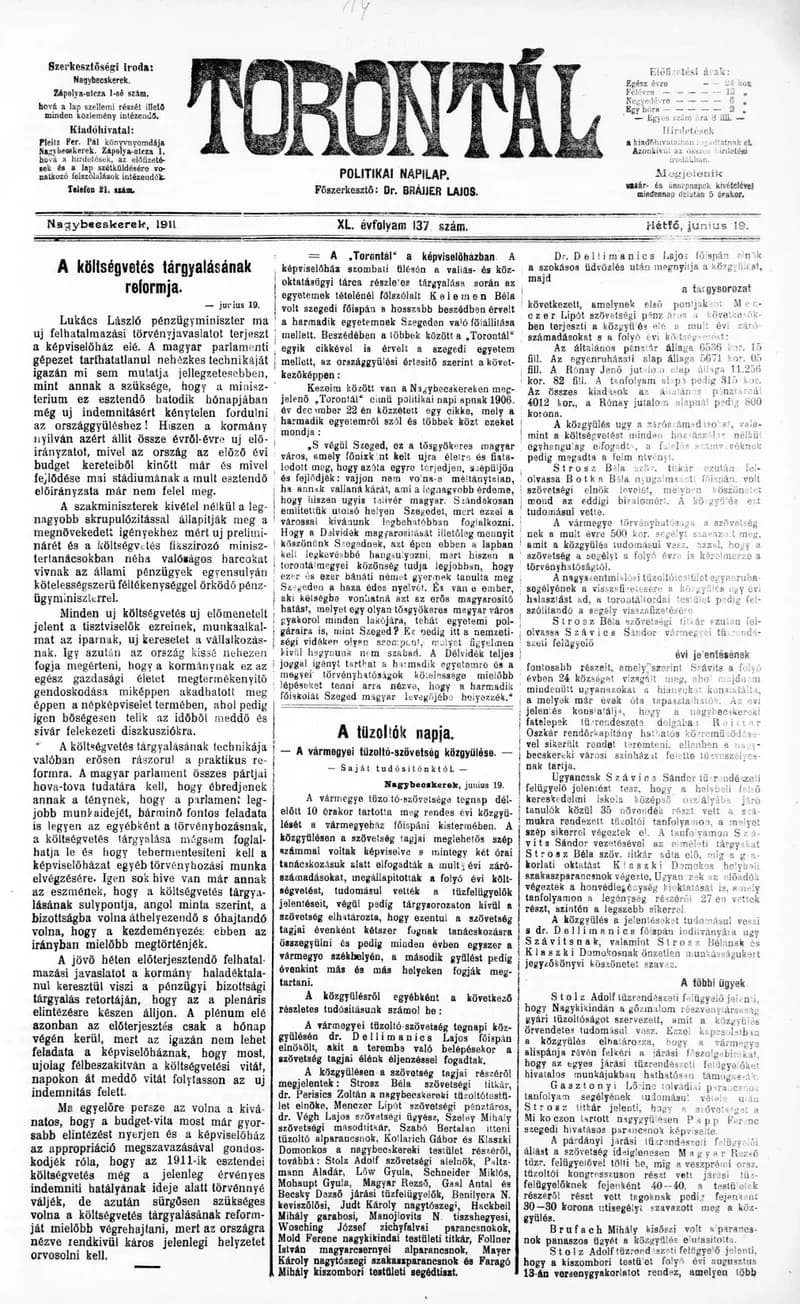 Torontál, 40. évf. 1911. június 19. 137. sz.