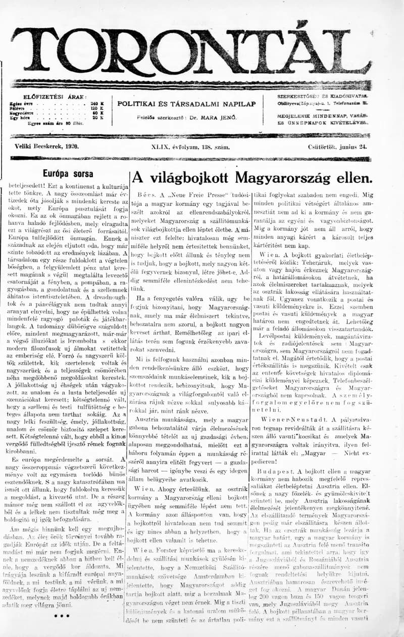 Torontál, 49. évf. 1920. június 24. 138. sz.