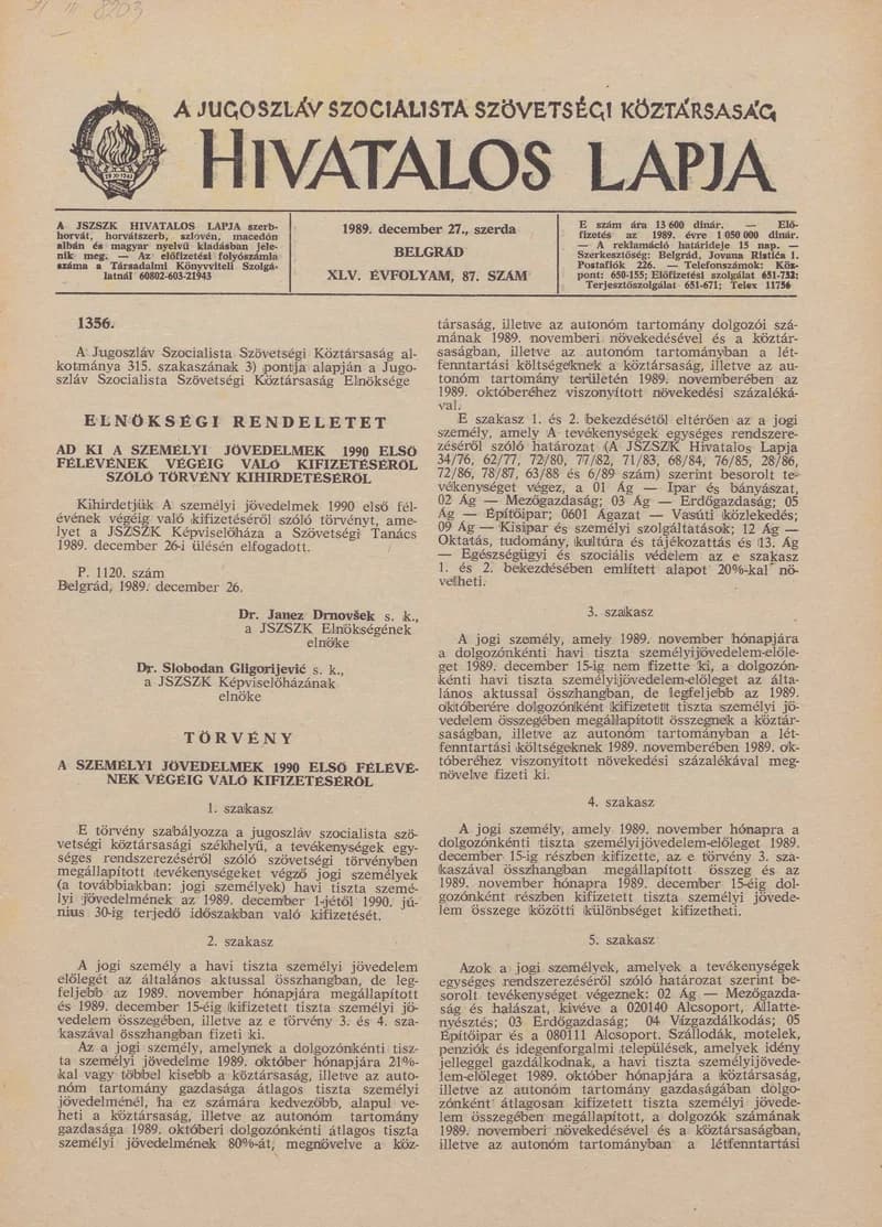 A Jugoszláv Szocialista Szövetségi Köztársaság Hivatalos Lapja, 45. évf. 1989. december 27. 87. sz. 2129–2140. oldal