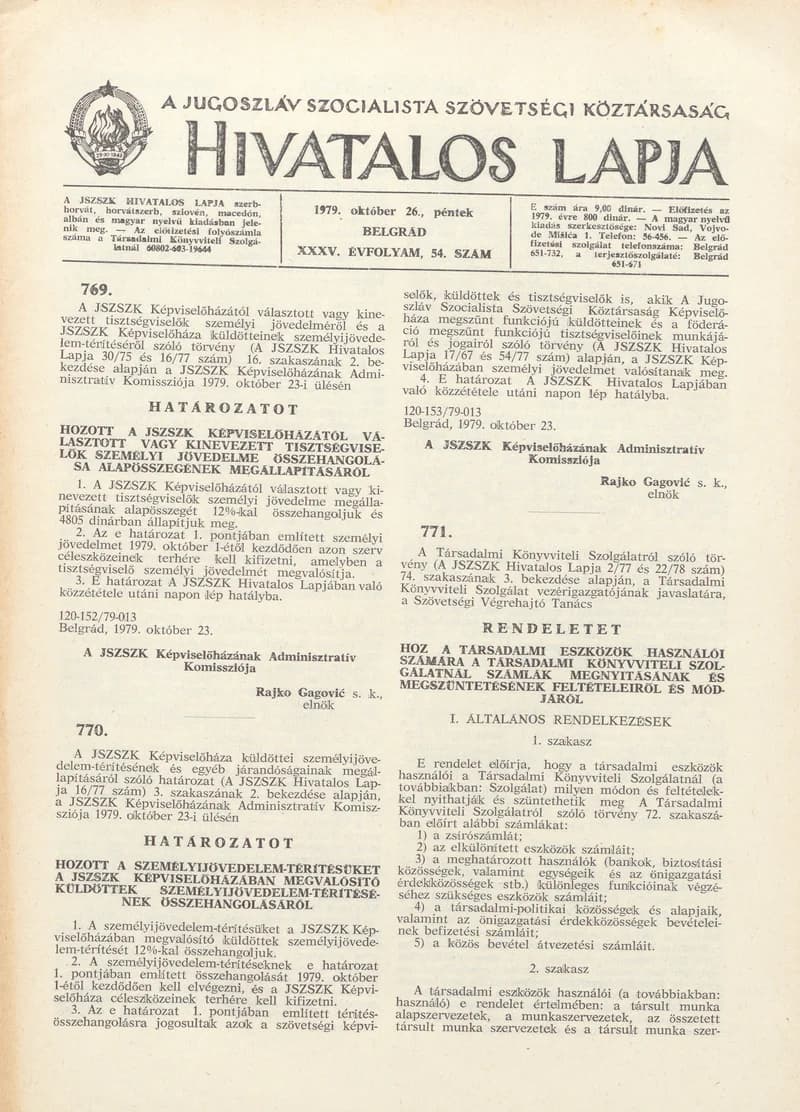 A Jugoszláv Szocialista Szövetségi Köztársaság Hivatalos Lapja, 35. évf. 1979. október 26. 54. sz. 1697–1720. oldal