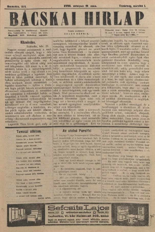Bácskai Hirlap, 18. évf. 1914. március 1. 49. sz.