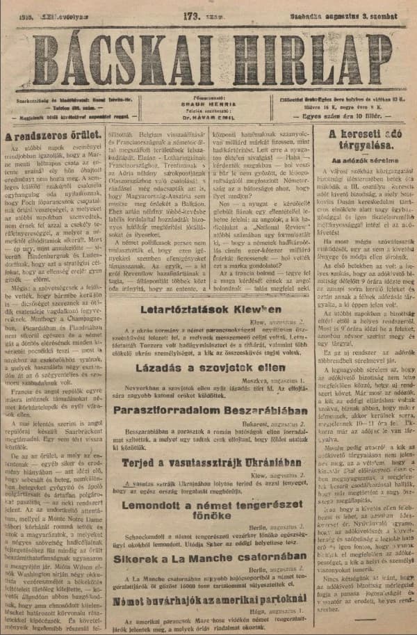 Bácskai Hirlap, 22. évf. 1918. augusztus 3. 173. sz.