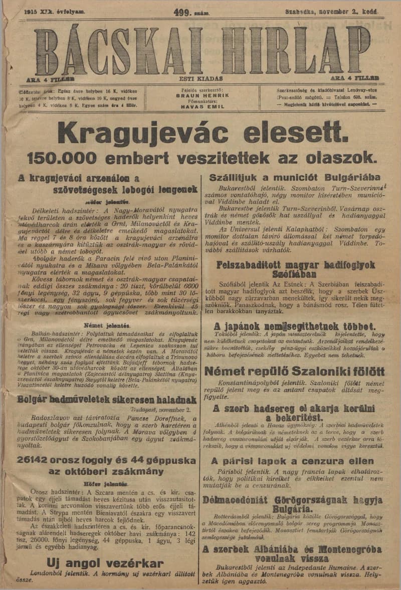 Bácskai Hirlap, 19. évf. 1915. november 2. 499. sz.