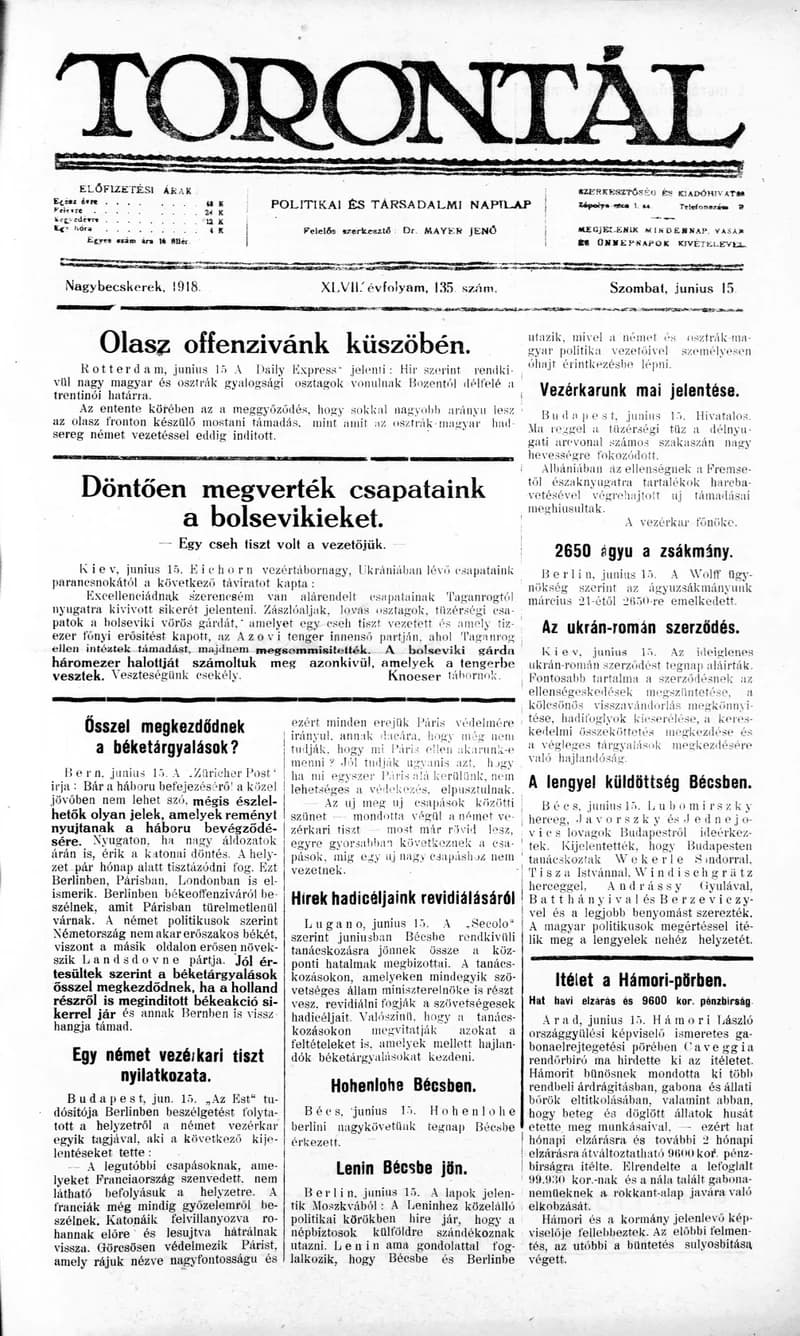 Torontál, 47. évf. 1918. június 15. 135. sz.