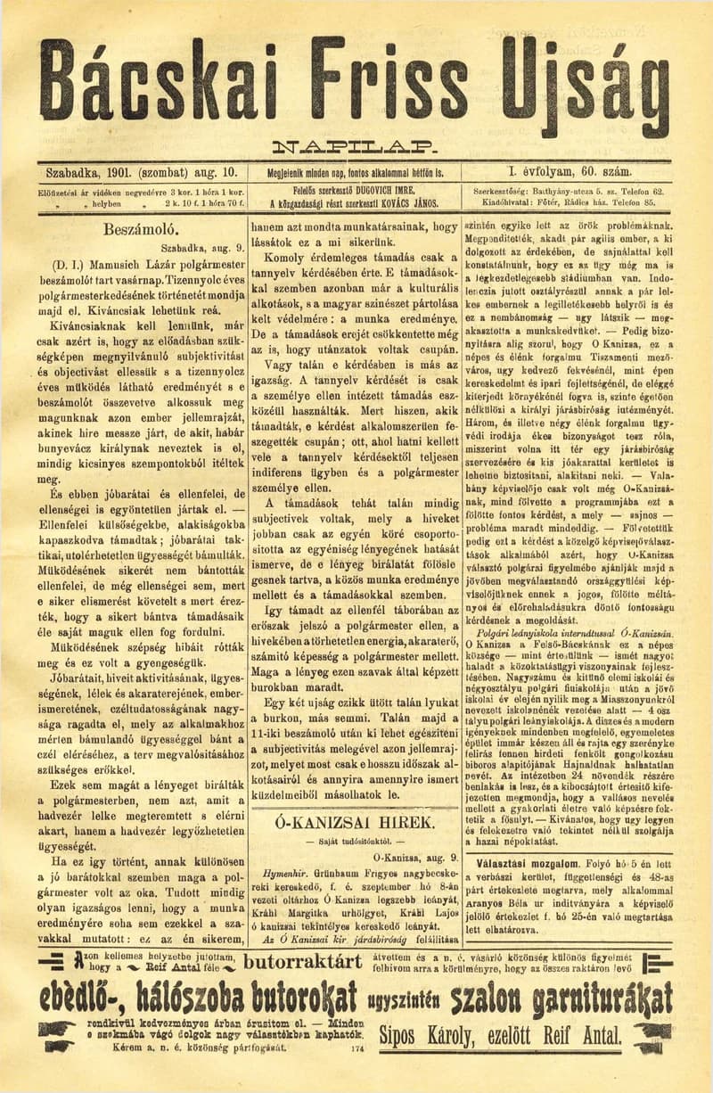 Bácskai Friss Ujság, 1. évf. 1901. augusztus 10. 60. sz.