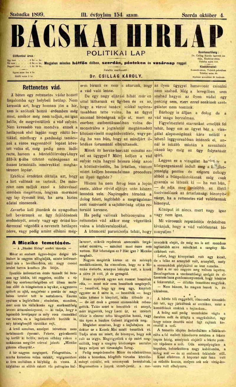 Bácskai Hirlap, 3. évf. 1899. október 4. 154. sz.