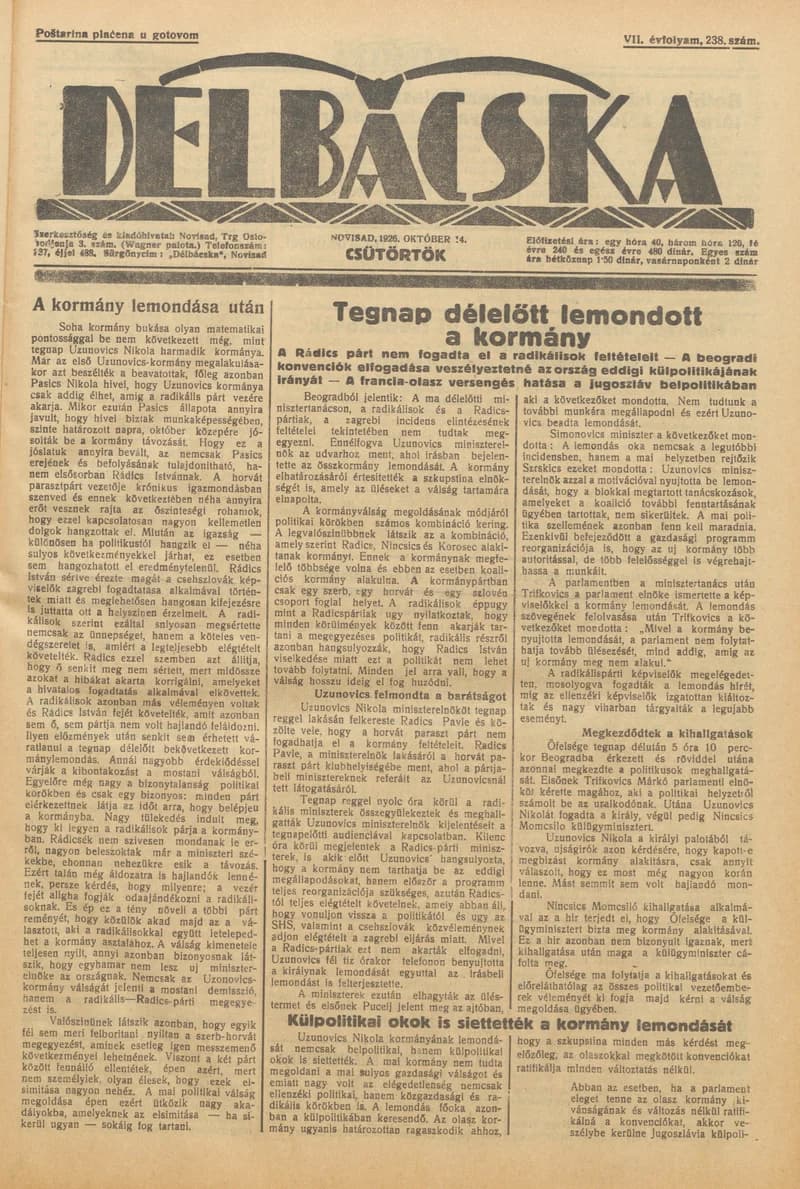 Délbácska, 7. évf. 1926. október 14. 238. sz.