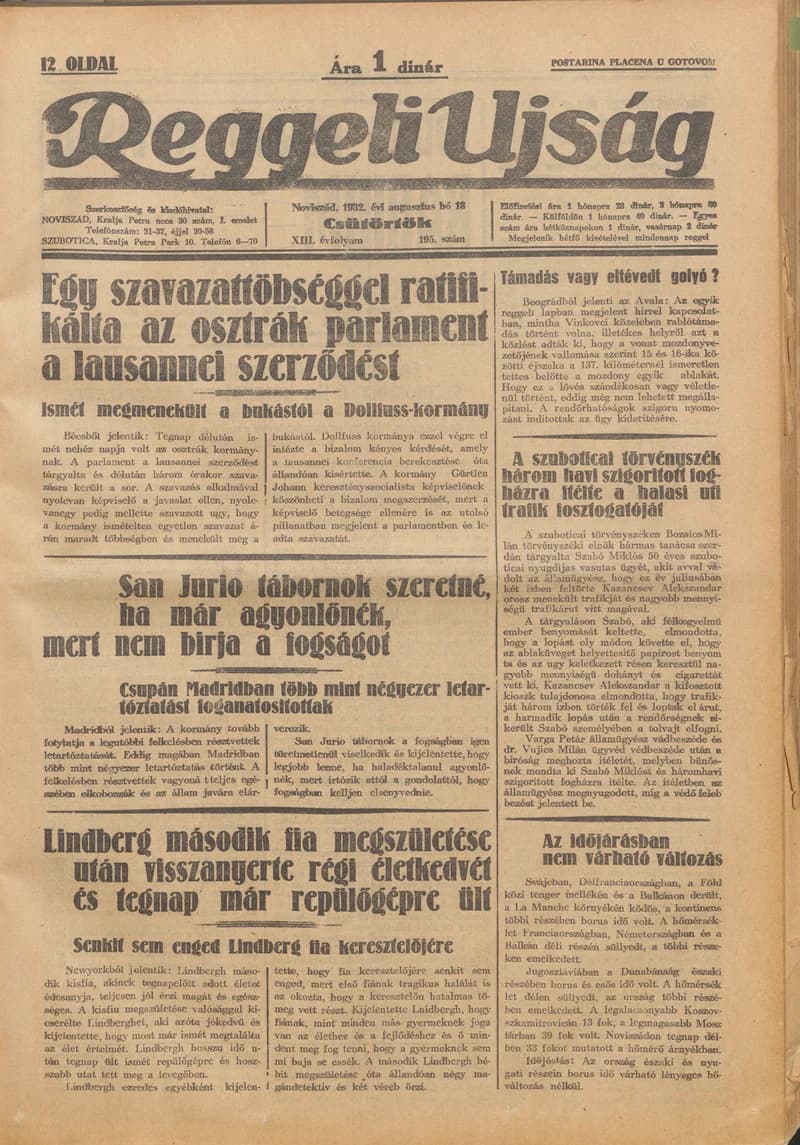 Reggeli Újság, 13. évf. 1932. augusztus 18. 195. sz.