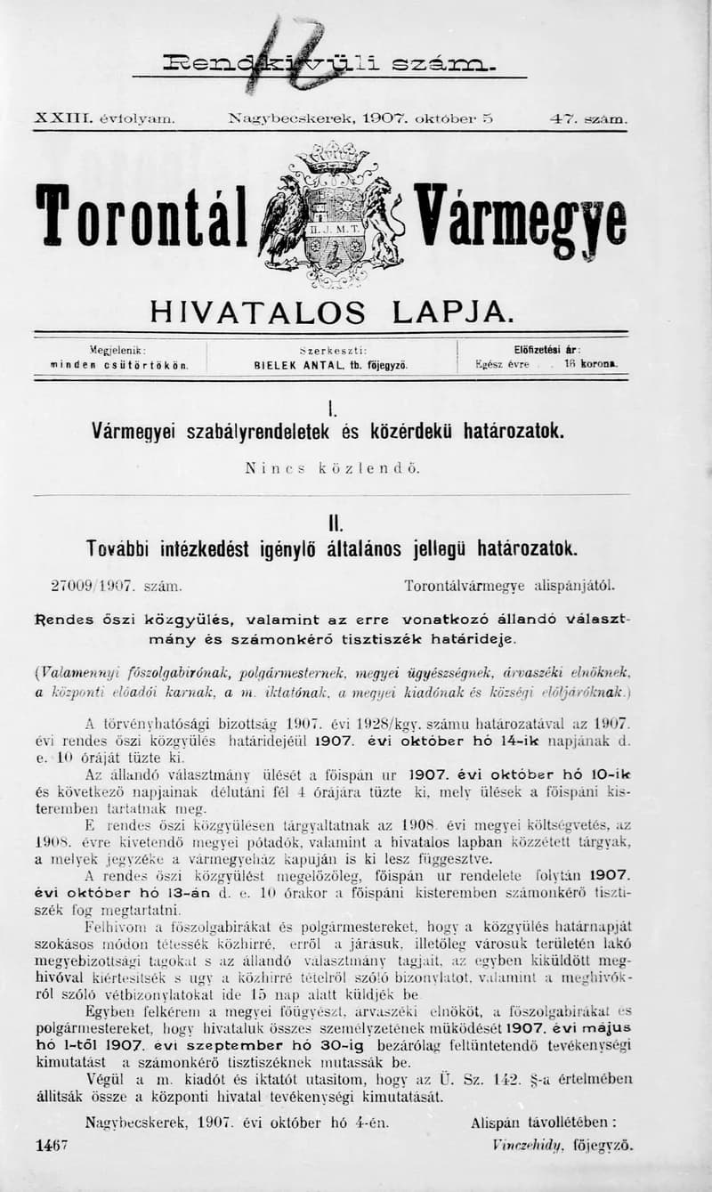 Torontál Vármegye Hivatalos Lapja, 23. évf. 1907. október 5. 47. sz.