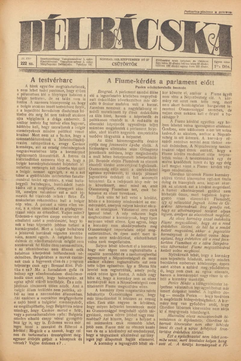 Délbácska, 4. évf. 1923. szeptember 27. 222. sz.