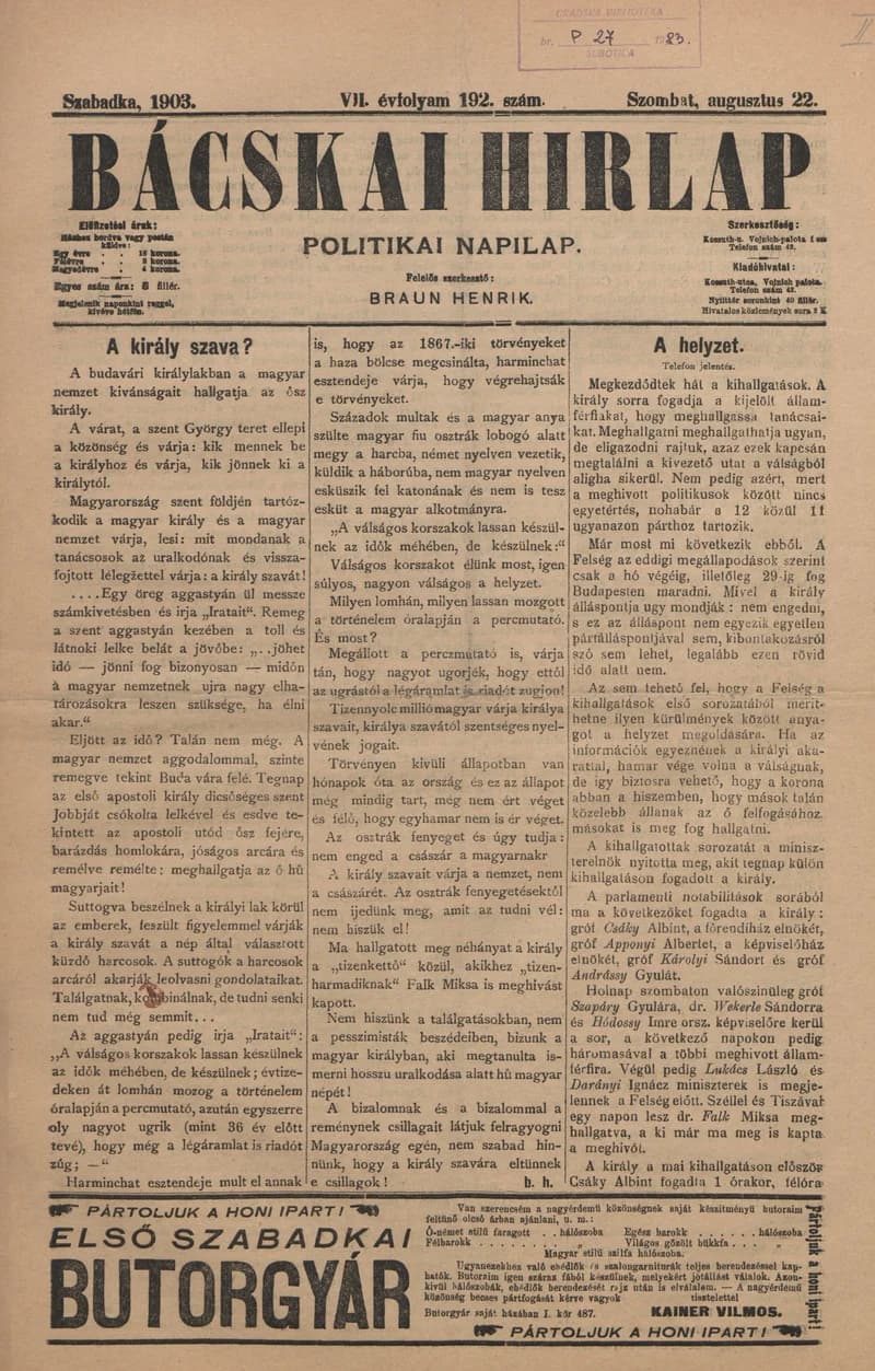 Bácskai Hirlap, 7. évf. 1903. augusztus 21. 192. sz.
