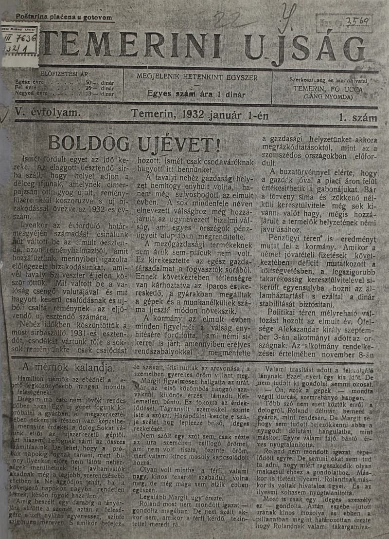 Temerini Újság 1928-1944, 5. évf. 1932. január 1. 1. sz.