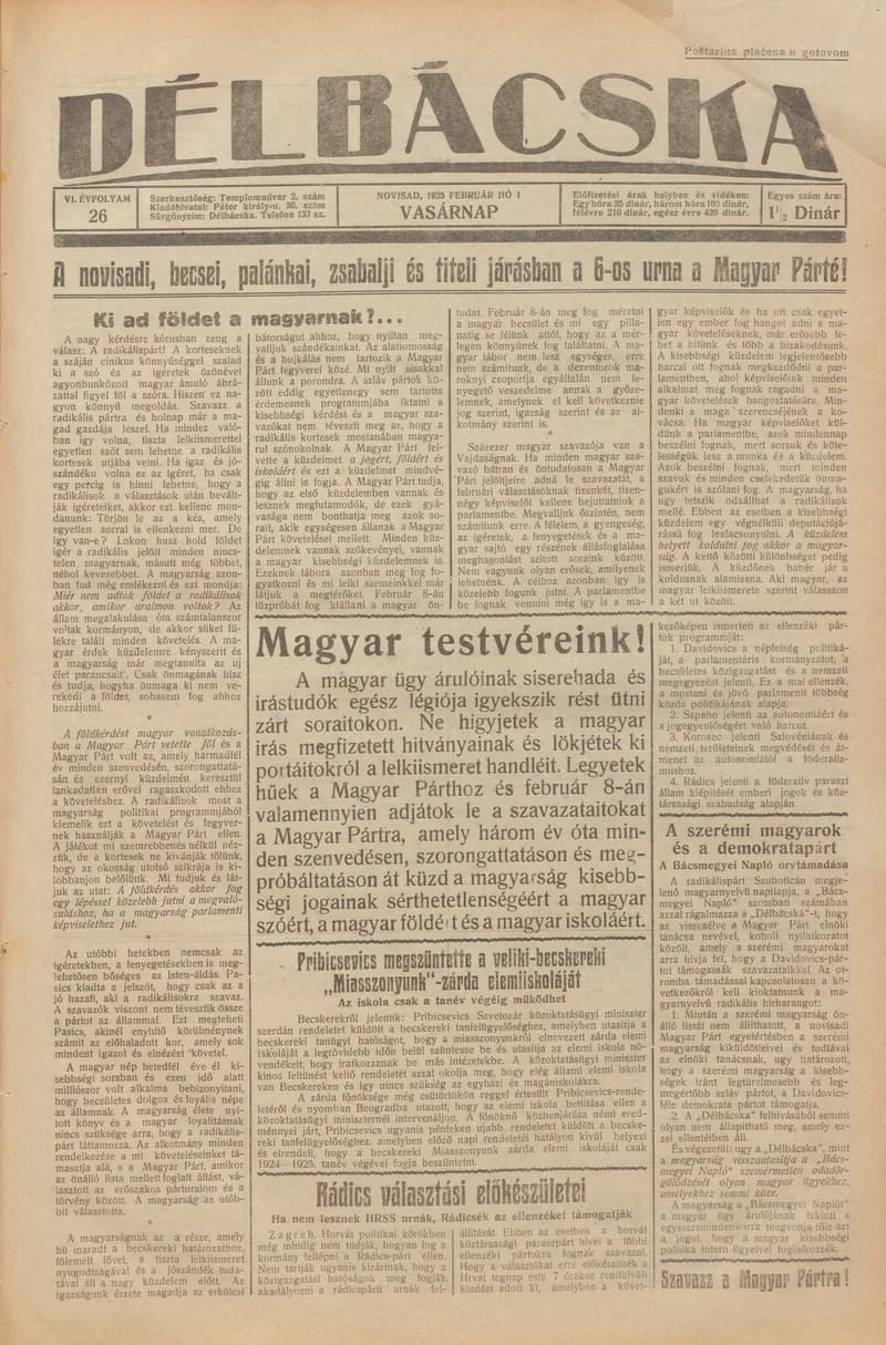 Délbácska, 6. évf. 1925. február 1. 26. sz.