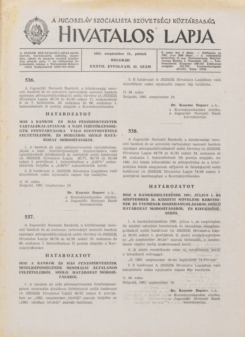 A Jugoszláv Szocialista Szövetségi Köztársaság Hivatalos Lapja, 37. évf. 1981. szeptember 18. 49. sz. 1277–1284. oldal