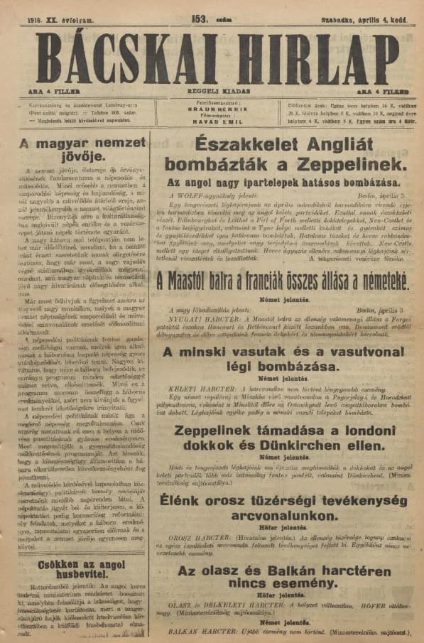 Bácskai Hirlap, 20. évf. 1916. április 4. 153. sz.