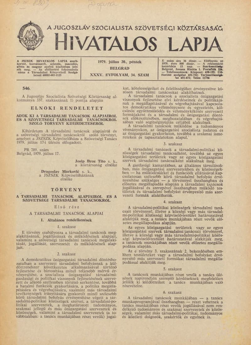 A Jugoszláv Szocialista Szövetségi Köztársaság Hivatalos Lapja, 35. évf. 1979. július 20. 34. sz. 1069–1108. oldal